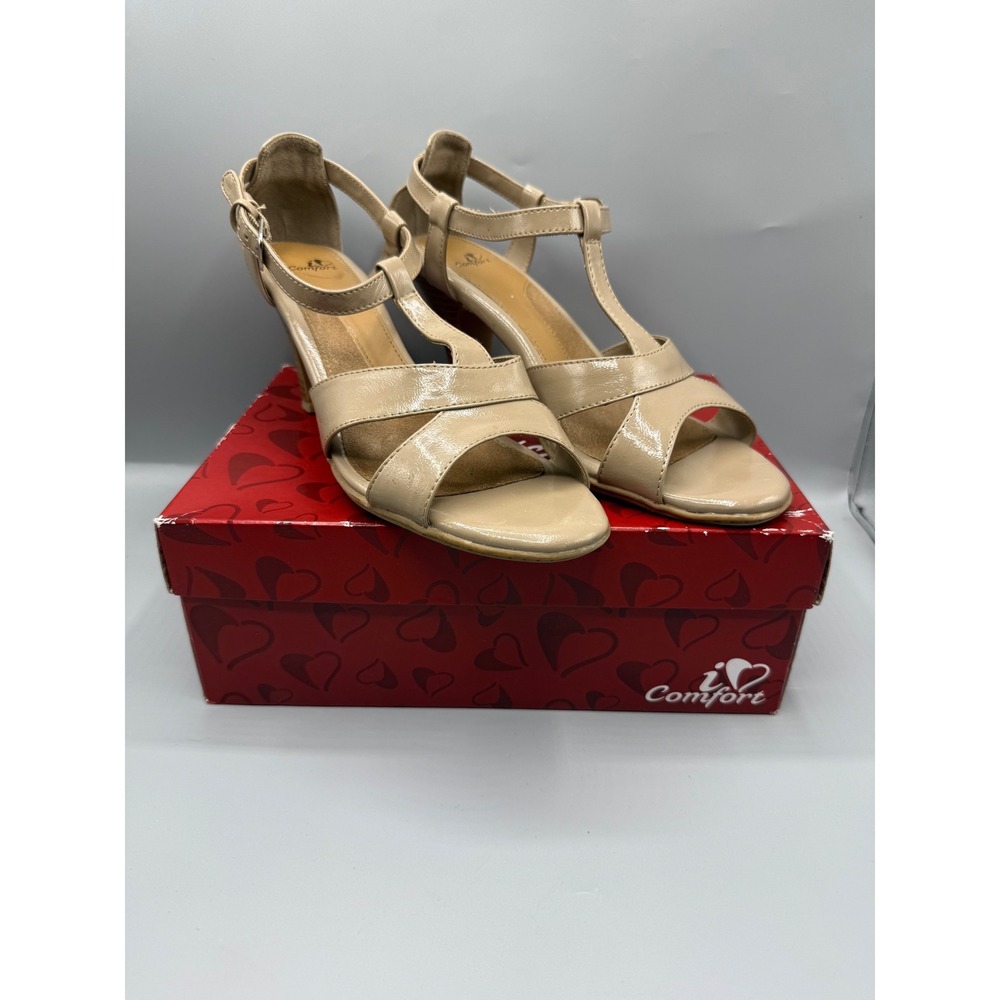 I Comfort Womens Tan Patent T-Strap Sandal Heels Beige Open Toe Buckle Size 10